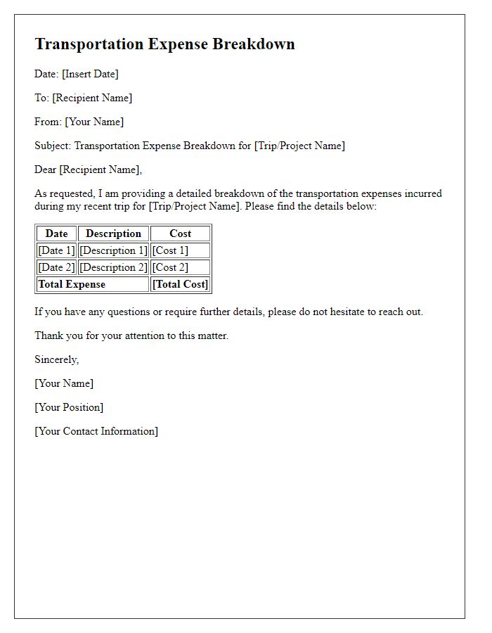 Letter template of transportation expense breakdown