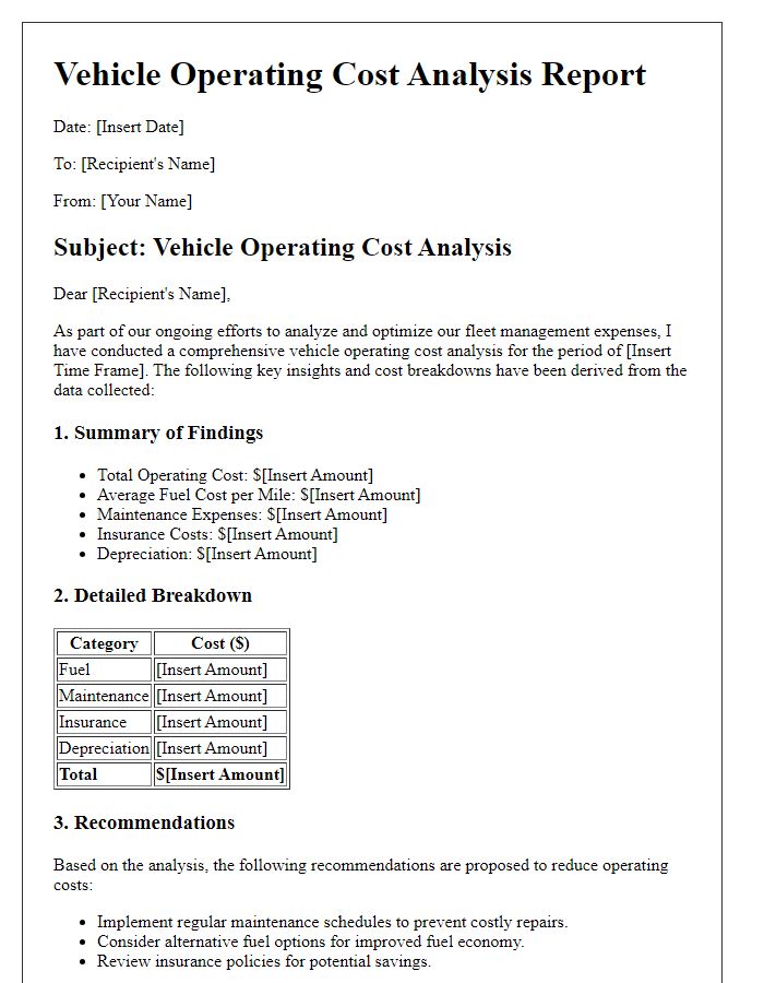 Letter template of vehicle operating cost analysis