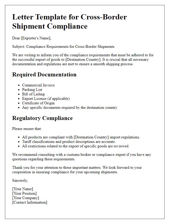 Letter template of cross-border shipment compliance requirements for exporters