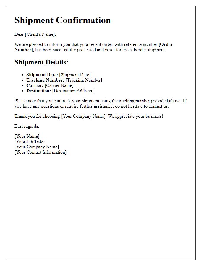 Letter template of cross-border shipment confirmation for clients