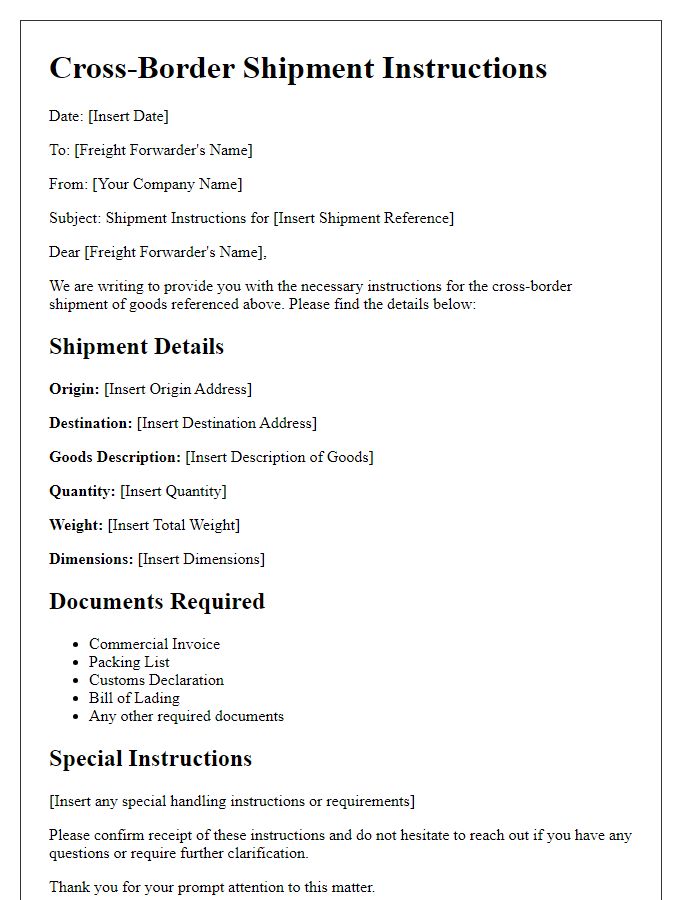 Letter template of cross-border shipment instructions for freight forwarders