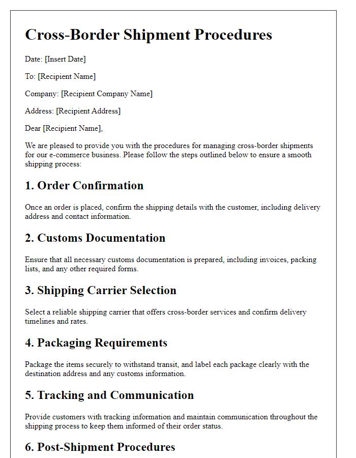 Letter template of cross-border shipment procedures for e-commerce businesses