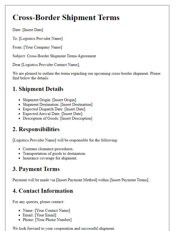 Letter template of cross-border shipment terms for logistics providers