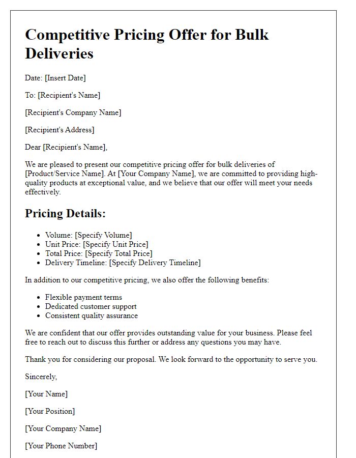 Letter template of competitive pricing offer for bulk deliveries