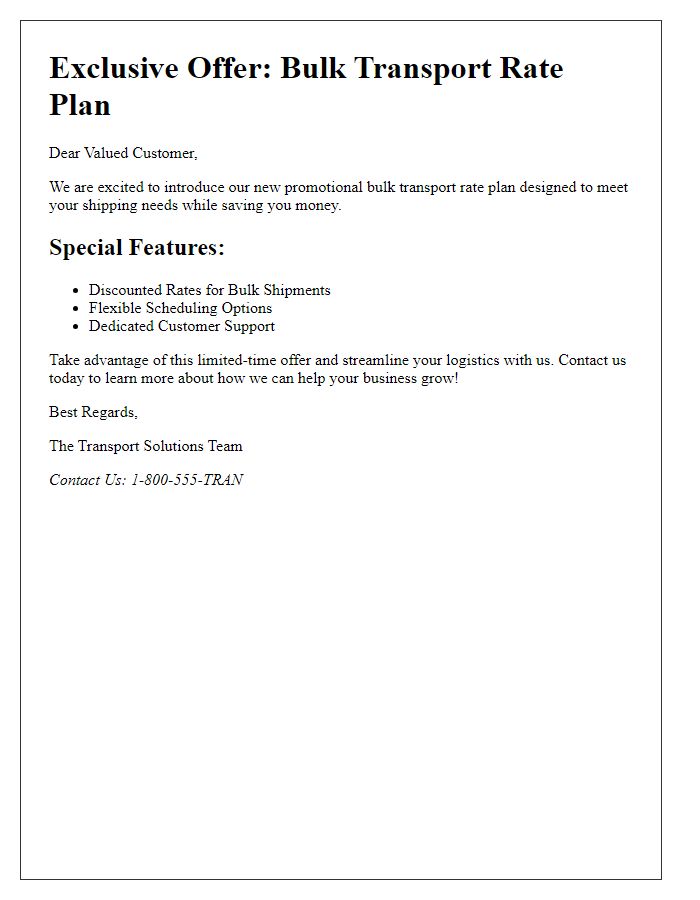 Letter template of promotional bulk transport rate plan