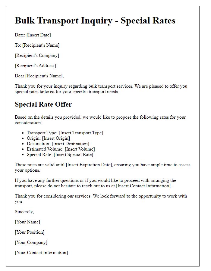 Letter template of special rates for bulk transport inquiries