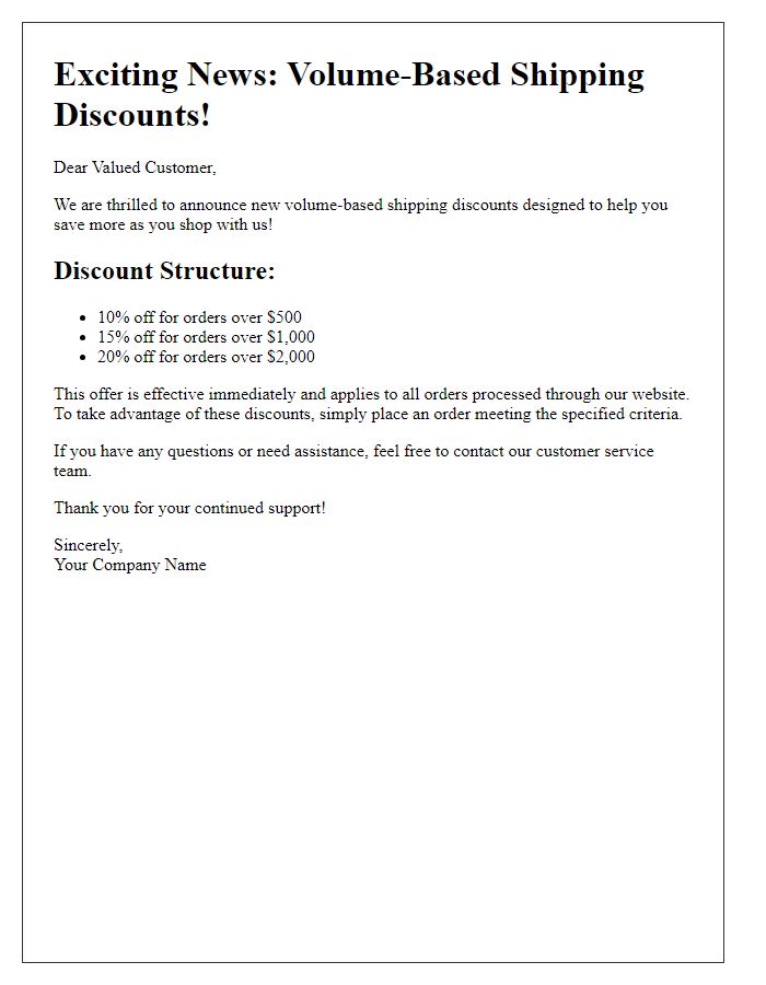 Letter template of volume-based shipping discount announcement