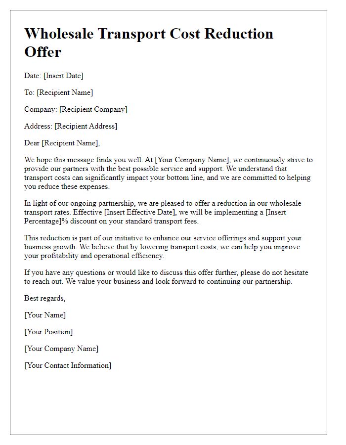 Letter template of wholesale transport cost reduction offer