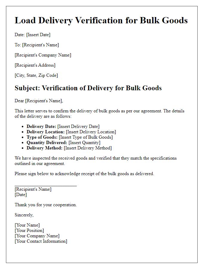 Letter template of load delivery verification for bulk goods