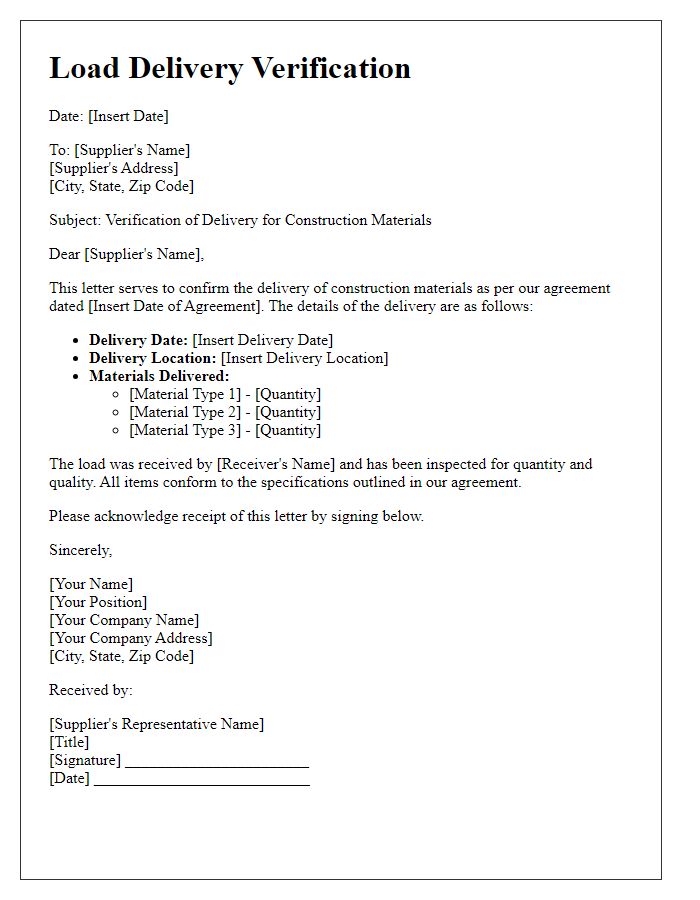 Letter template of load delivery verification for construction materials