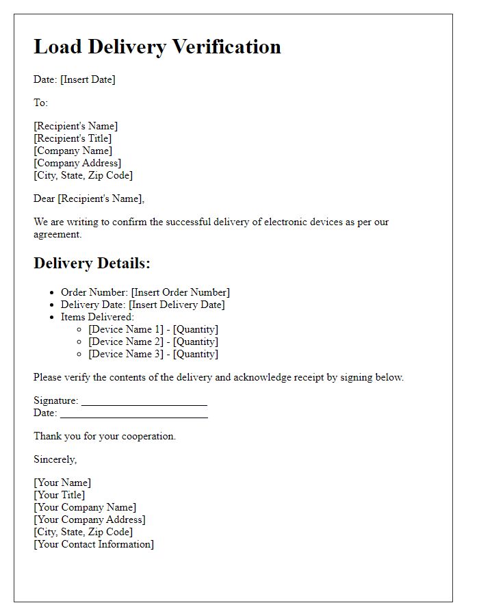 Letter template of load delivery verification for electronic devices