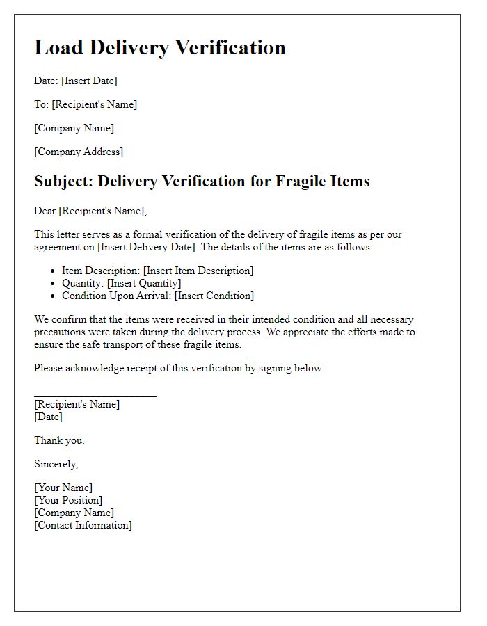 Letter template of load delivery verification for fragile items