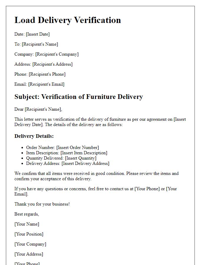 Letter template of load delivery verification for furniture delivery