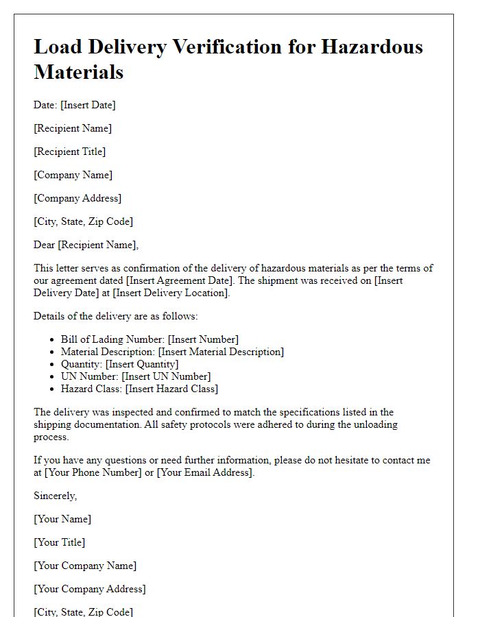 Letter template of load delivery verification for hazardous materials