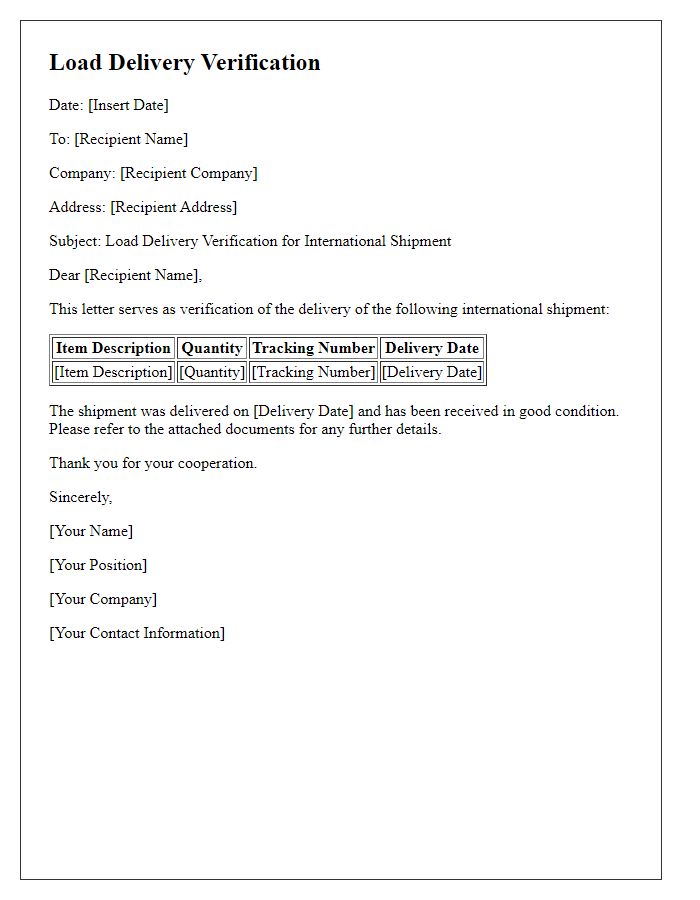 Letter template of load delivery verification for international shipments