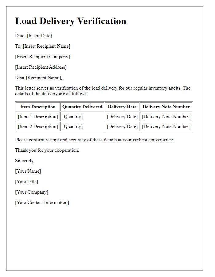 Letter template of load delivery verification for regular inventory audits