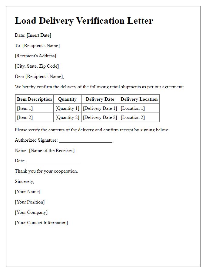 Letter template of load delivery verification for retail shipments