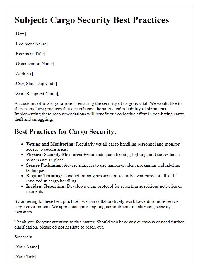 Letter template of cargo security best practices for customs officials.