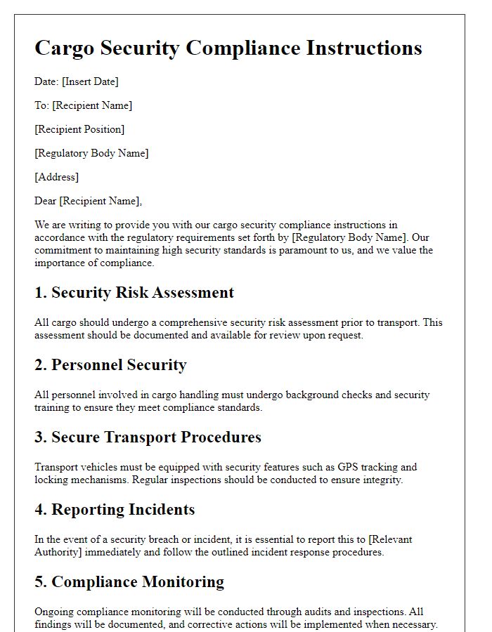 Letter template of cargo security compliance instructions for regulatory bodies.