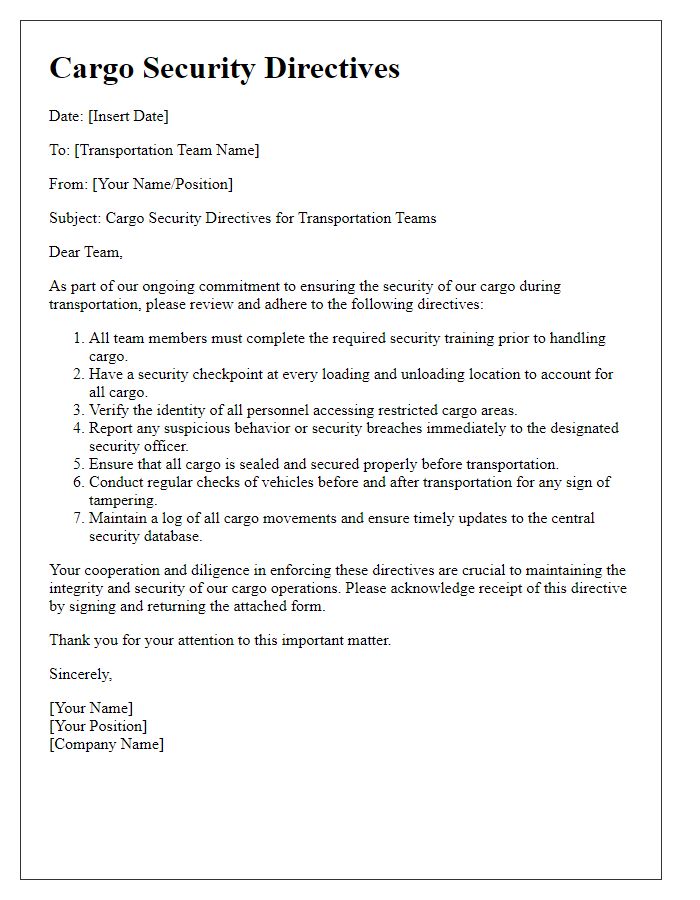 Letter template of cargo security directives for transportation teams.