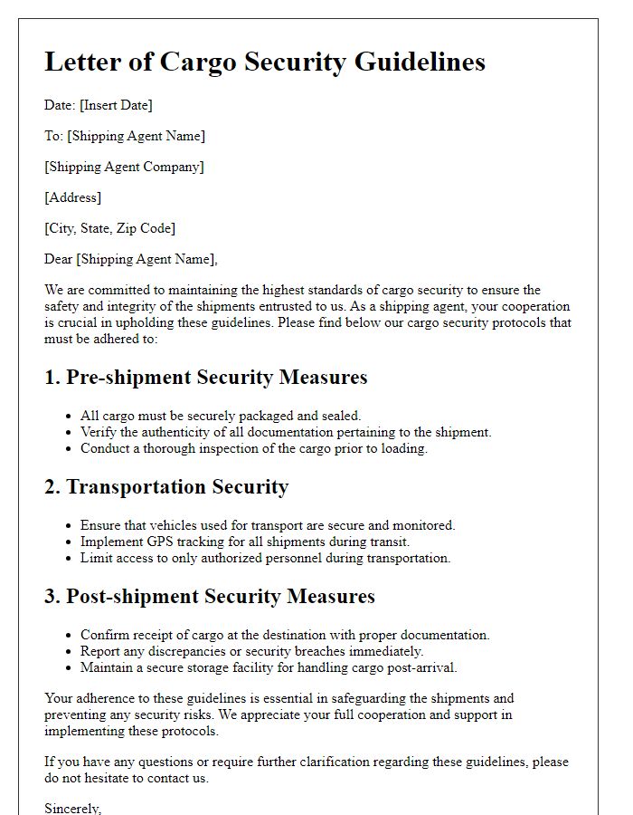 Letter template of cargo security guidelines for shipping agents.