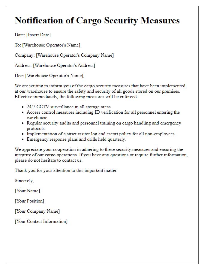 Letter template of cargo security measures for warehouse operators.