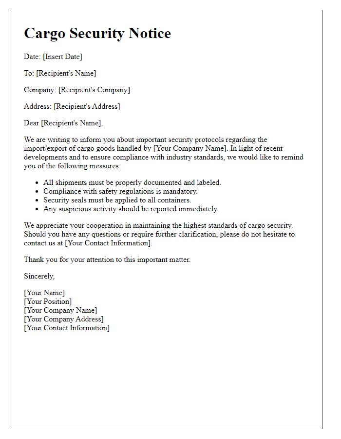 Letter template of cargo security notices for import/export companies.