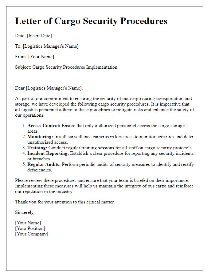 Letter template of cargo security procedures for logistics managers.