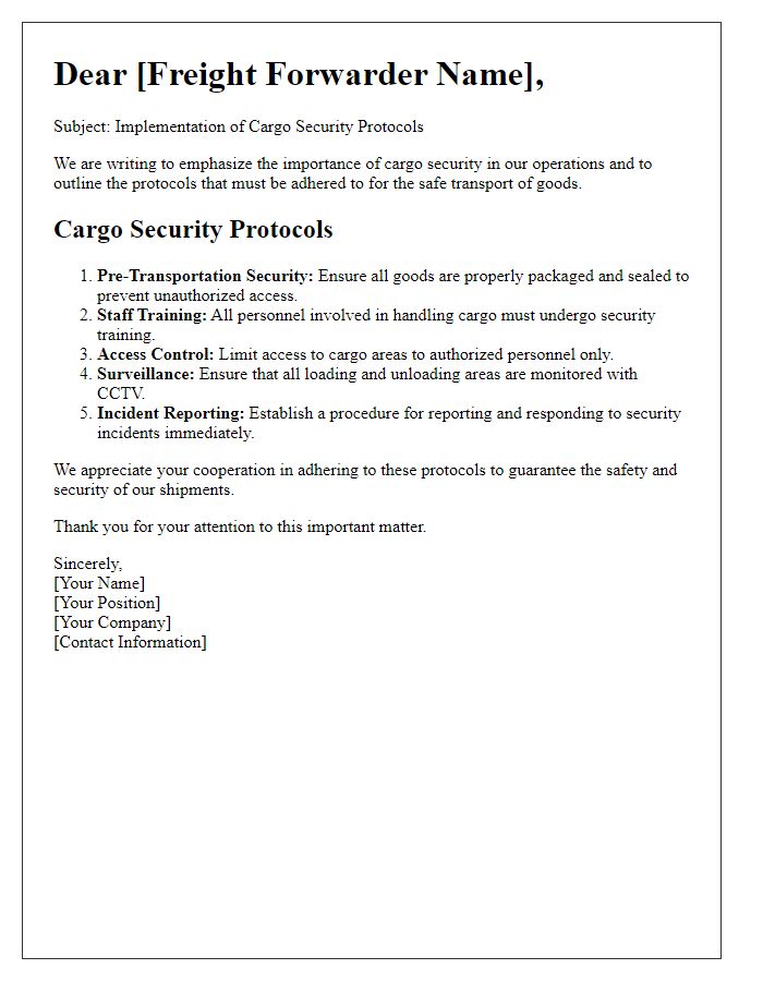 Letter template of cargo security protocols for freight forwarders.