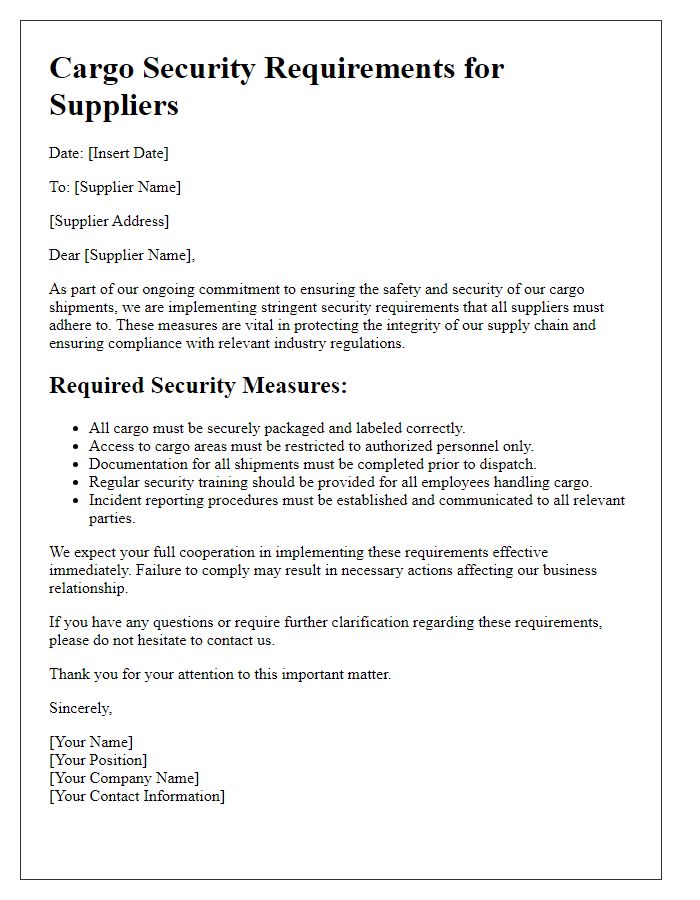 Letter template of cargo security requirements for suppliers.