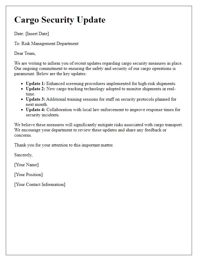 Letter template of cargo security updates for risk management departments.