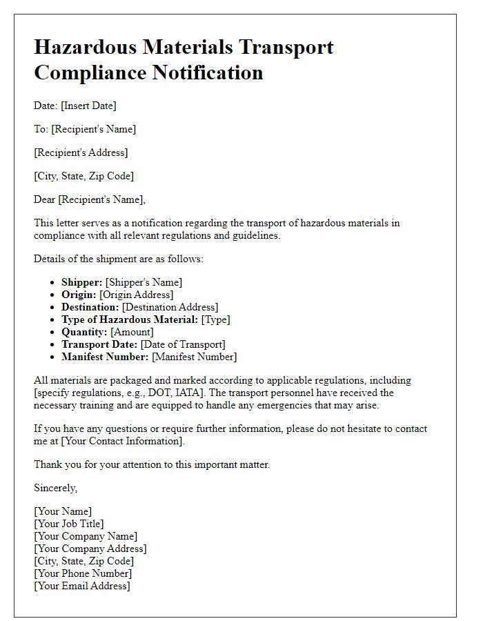 Letter template of hazardous materials transport compliance notification.