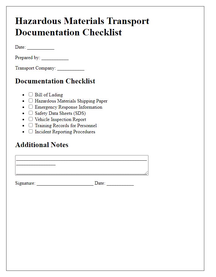 Letter template of hazardous materials transport documentation checklist.