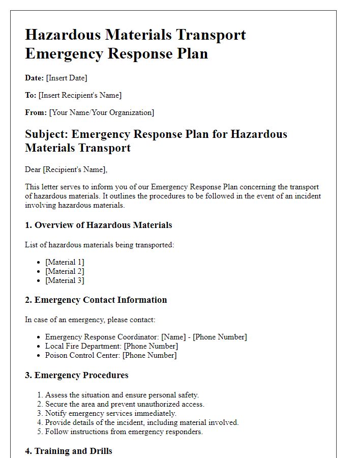 Letter template of hazardous materials transport emergency response plan.