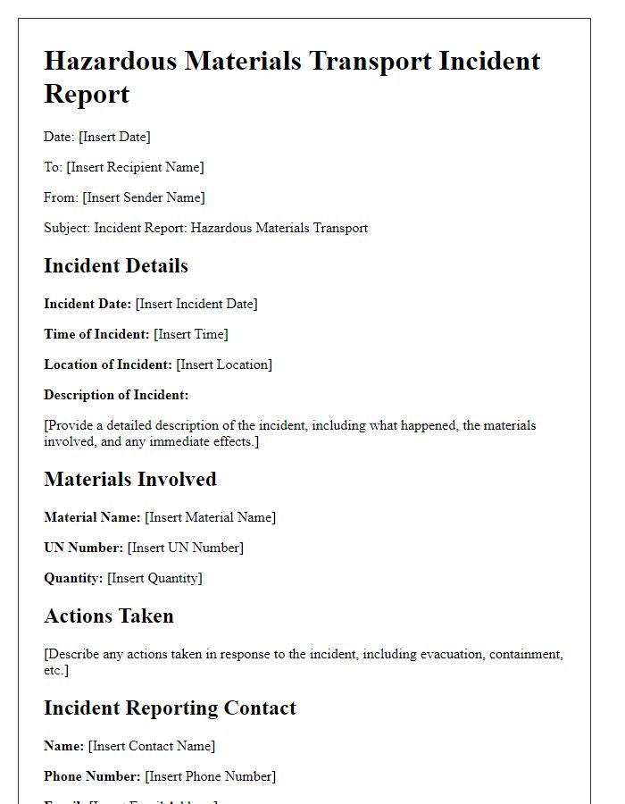 Letter template of hazardous materials transport incident reporting.