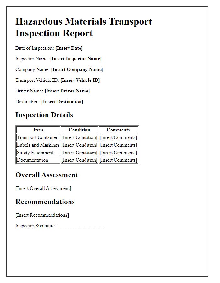 Letter template of hazardous materials transport inspection report.