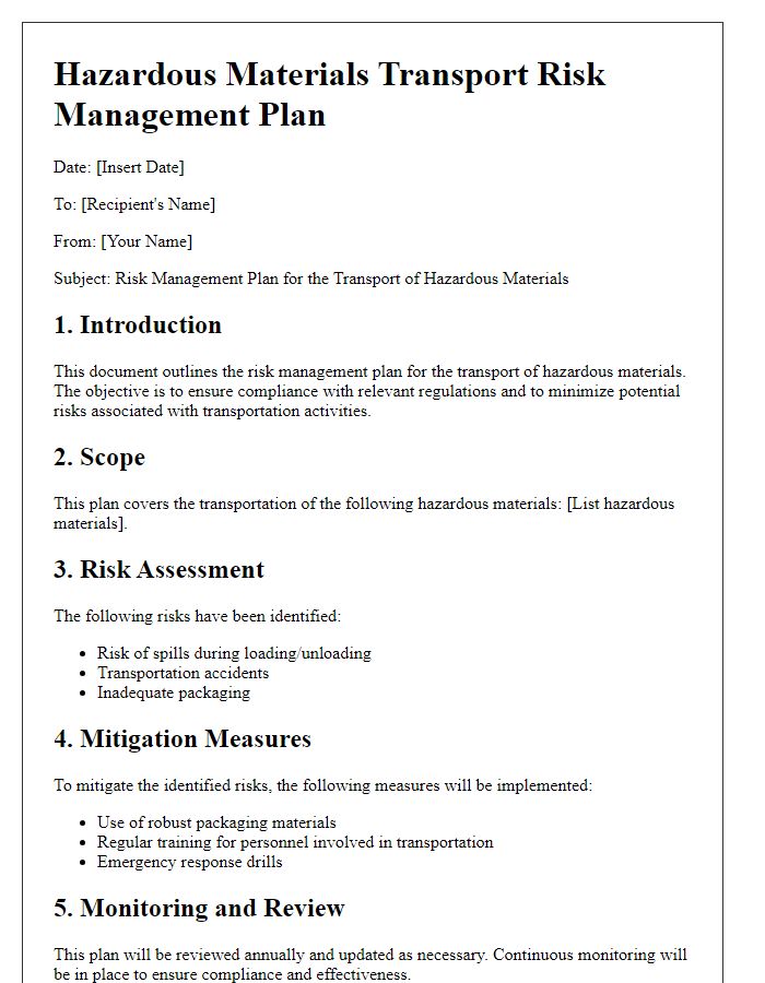 Letter template of hazardous materials transport risk management plan.