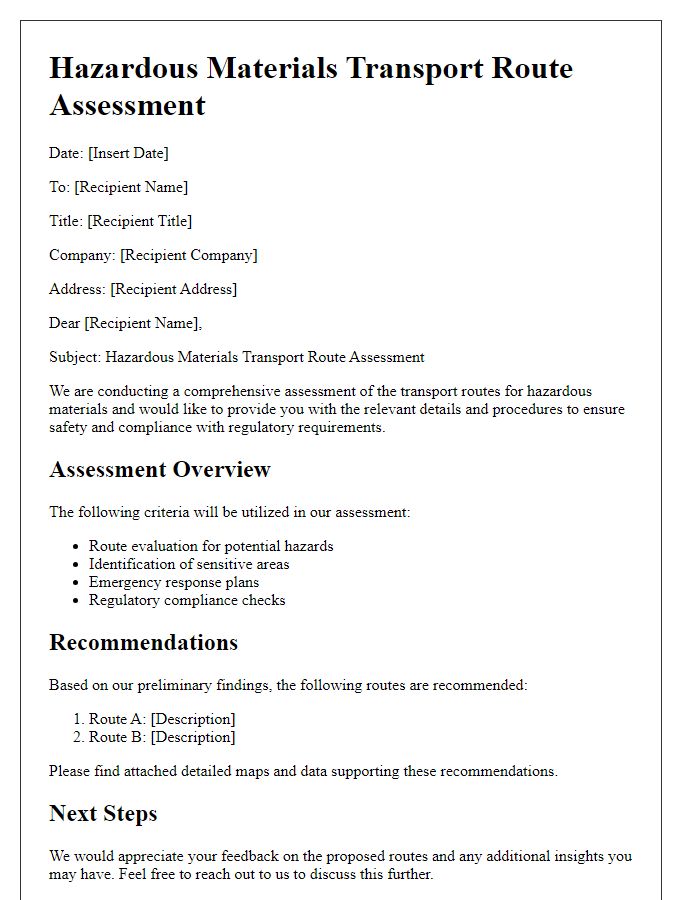 Letter template of hazardous materials transport route assessment.