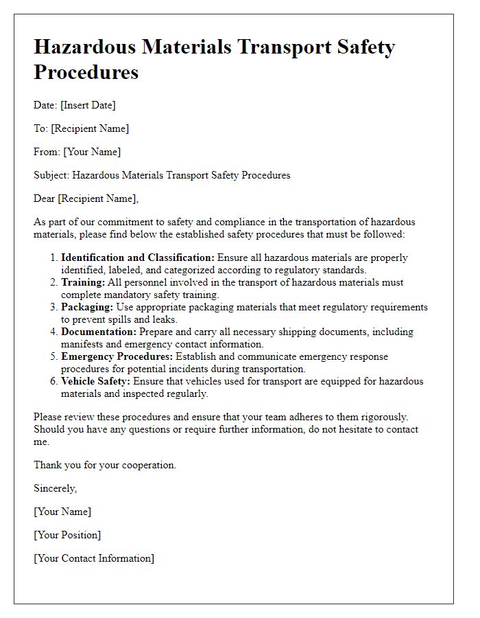 Letter template of hazardous materials transport safety procedures.