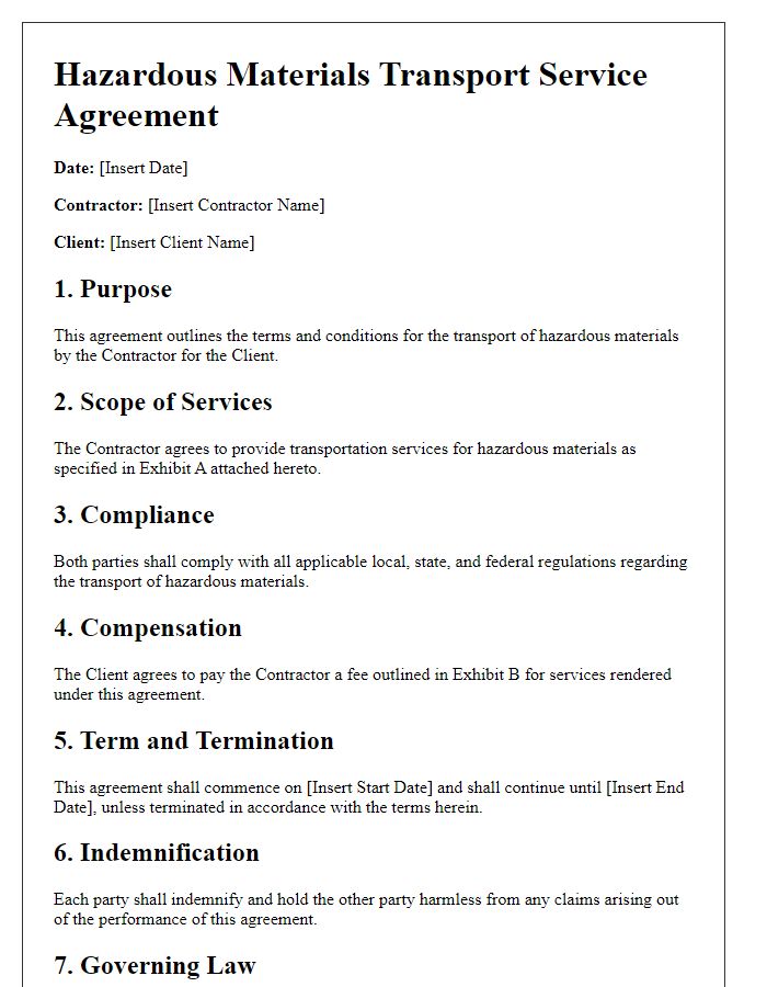 Letter template of hazardous materials transport service agreement.