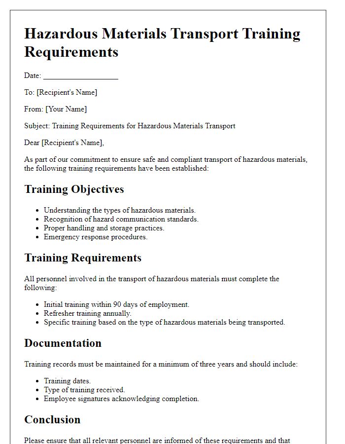 Letter template of hazardous materials transport training requirements.