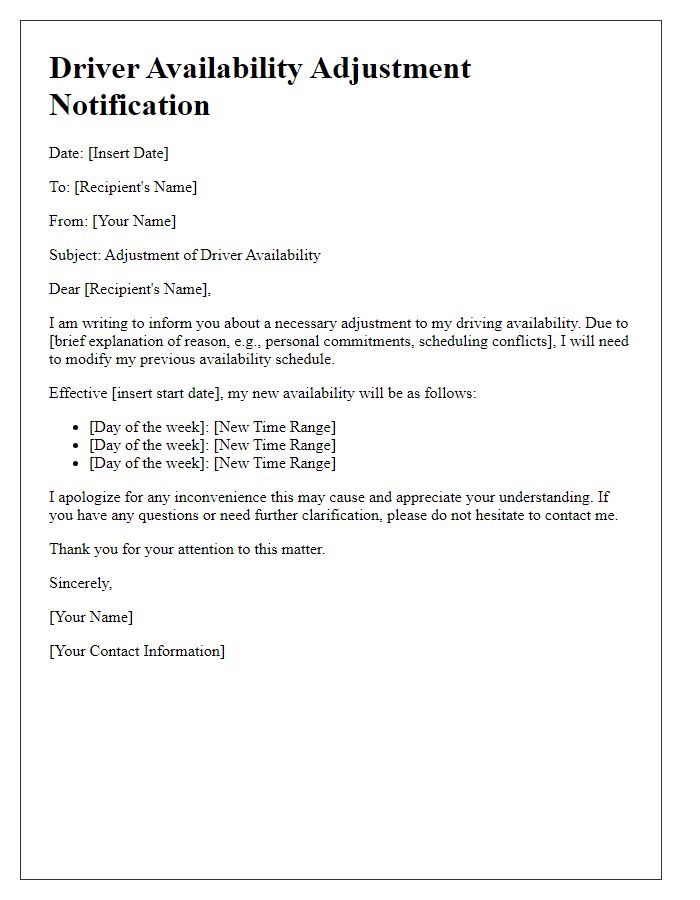 Letter template of driver availability adjustment