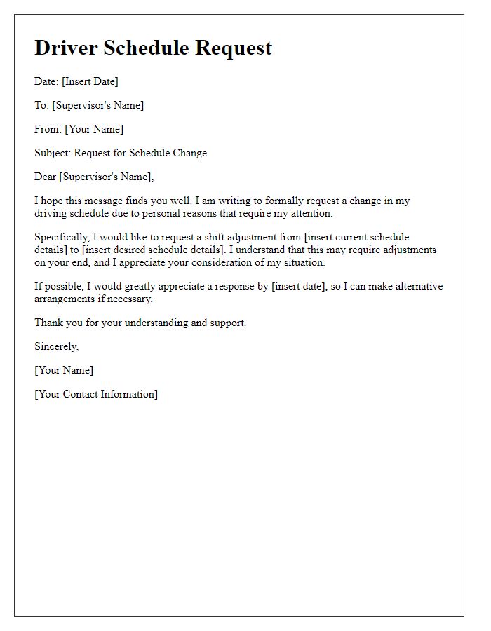 Letter template of driver schedule request due to personal reasons