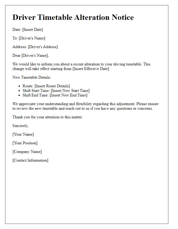 Letter template of driver timetable alteration notice