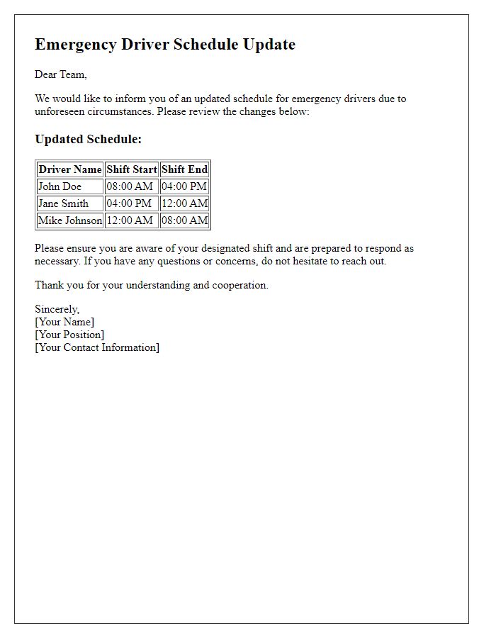 Letter template of emergency driver schedule update