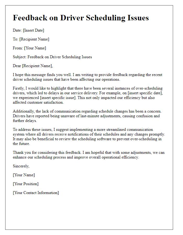 Letter template of feedback on driver scheduling issues