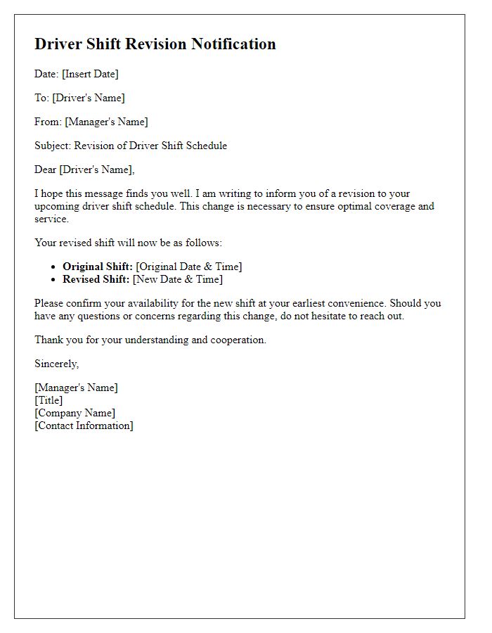 Letter template of formal driver shift revision