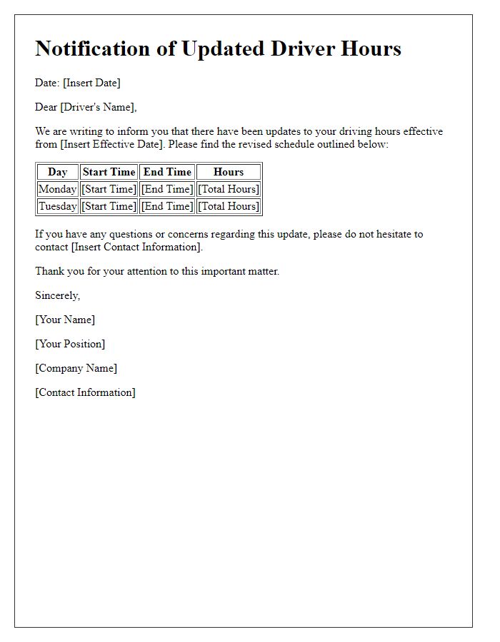 Letter template of notification for updated driver hours