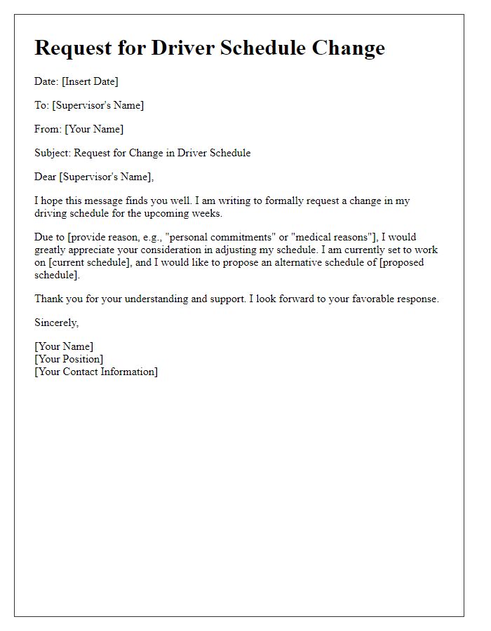 Letter template of request for driver schedule change