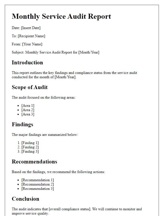 Letter template of Monthly Service Audit Report